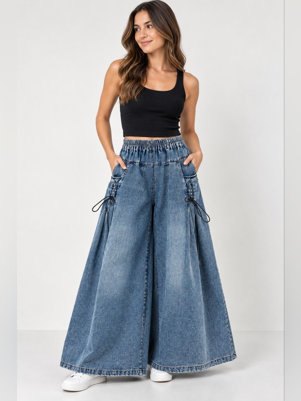 High-Rise Wide-Leg Denim Palazzo Jeans in Medium Blue